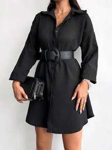 EURMUSE Drop Shoulder Button Front Shirt Dress Without Belt - Black - View 3