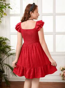 SHEIN Leap Crew Solid Color Short Flutter Sleeve Shirred Dress, Suitable For Summer Teen Girls