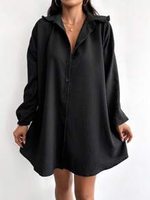 EURMUSE Drop Shoulder Button Front Shirt Dress Without Belt - Black - View 4