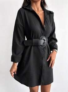 EURMUSE Drop Shoulder Button Front Shirt Dress Without Belt - Black - View 5