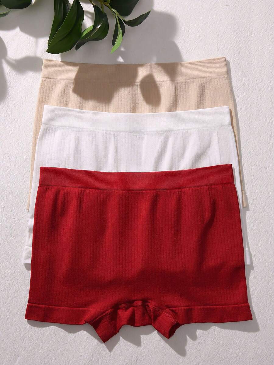 3pcs Solid Ribbed Knit Boyshorts - Multicolor - View 1