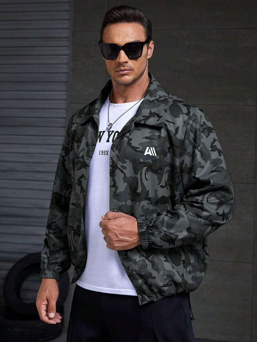 GENTILAND 宽松版型男式加大码迷彩印花字母图案拉链夹克 - 彩色 - 查看 1