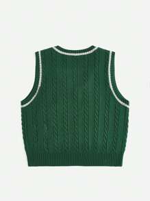 Harry Potter | ROMWE 刺繡圖案條紋邊電纜針織毛衣背心（大碼） - 綠色 - 查看 2