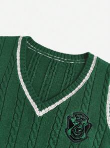 Harry Potter | ROMWE 刺繡圖案條紋邊電纜針織毛衣背心（大碼） - 綠色 - 查看 3
