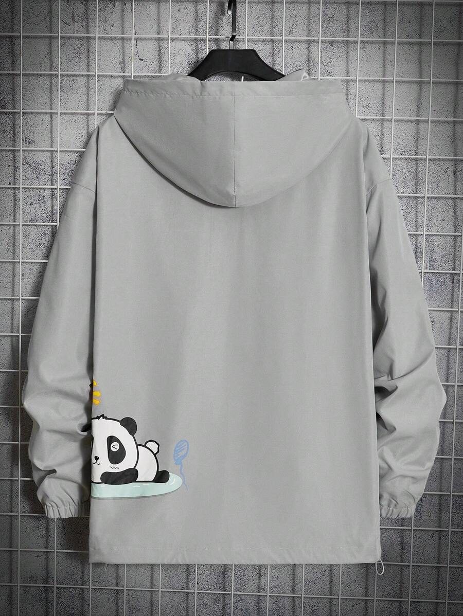 Manfinity VCAY Loose Fit Men's Plus Size Cartoon Printed Zip Closure Hoodie, For Fall Winter - Grey - View 1