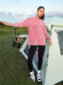 In My Nature Vintage American Style Loose-fitting & Washed & Distressed & Long Sleeve T-shirt For Outdoor Sports, Hiking, Urban Commute - Pink - View 6