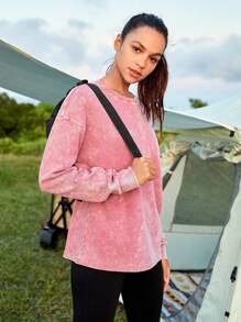 In My Nature Vintage American Style Loose-fitting & Washed & Distressed & Long Sleeve T-shirt For Outdoor Sports, Hiking, Urban Commute - Pink - View 7