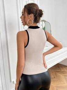 SHEIN Essnce Contrast Binding Mock Neck Tank Top - Apricot - View 3