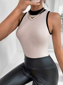 SHEIN Essnce Contrast Binding Mock Neck Tank Top - Apricot - View 5