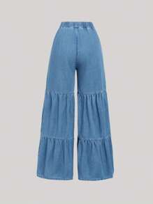 SHEIN 青少女束腰卷邊牛仔褲 - 中等水洗藍 - 查看 2