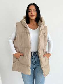 EURMUSE Zip Up Hooded Puffer Vest Coat - Beige - View 1