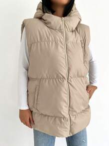 EURMUSE Zip Up Hooded Puffer Vest Coat - Beige - View 3