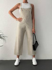 RueChic Solid Overall Jumpsuit Without Tank Top - Beige - View 1