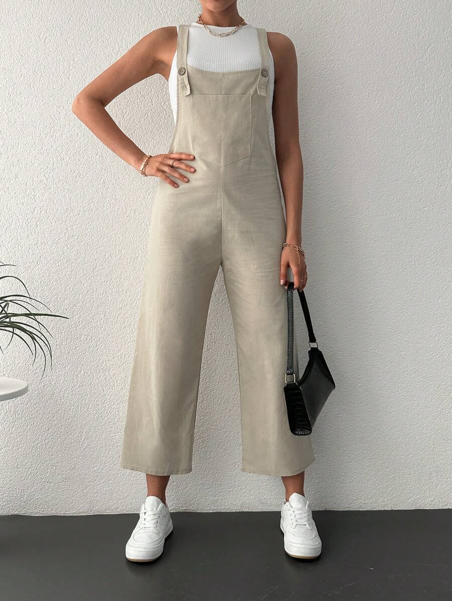 RueChic Solid Overall Jumpsuit Without Tank Top - Beige - View 1