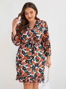 RueChic Plus Allover Floral Print Ruffle Hem Belted Dress - Multicolor - View 2