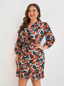 RueChic Plus Allover Floral Print Ruffle Hem Belted Dress - Multicolor - View 1