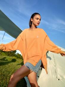 In My Nature 字母图案落肩开衩下摆户外卫衣 - 珊瑚橙 - 查看 8