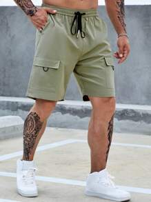 Manfinity Homme Hombres Shorts con bolsillo con solapa de cintura con cordón cargo - Verde militar - Ver 5