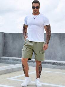 Manfinity Homme Hombres Shorts con bolsillo con solapa de cintura con cordón cargo - Verde militar - Ver 4