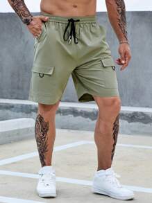 Manfinity Homme Hombres Shorts con bolsillo con solapa de cintura con cordón cargo - Verde militar - Ver 6