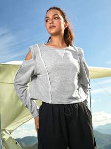 In My Nature Women's Outdoor Cold Shoulder Jogging Sweatshirt With Stitch, Stylish And Versatile - Light Grey - View 4