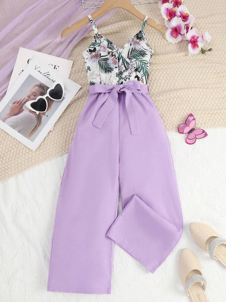 兒童女孩植物印花細肩帶連身褲 - 紫色 - 查看 1