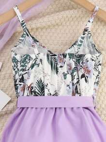 兒童女孩植物印花細肩帶連身褲 - 紫色 - 查看 5