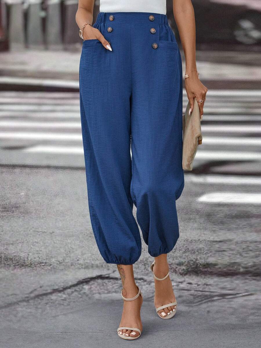 SHEIN LUNE Chi tiết Nút Quần Chạy bộ - Màu xanh lam - Xem 1