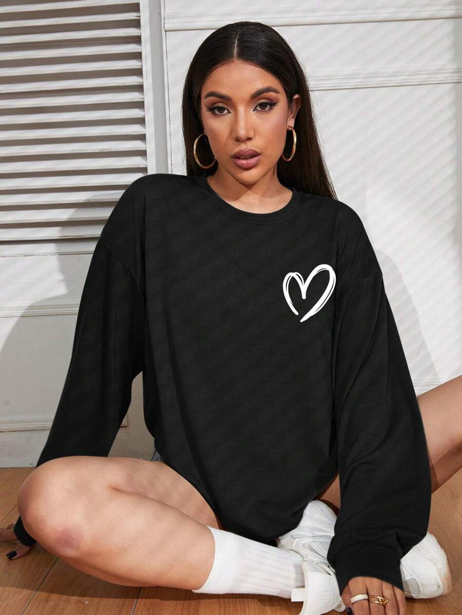 INAWLY Áo thun oversize hở vai in hình trái tim, áo thun họa tiết cho nữ, unisex - màu đen - Xem 1