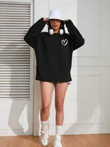 INAWLY Áo thun oversize hở vai in hình trái tim, áo thun họa tiết cho nữ, unisex - màu đen - Xem 3