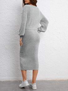 SHEIN Essnce Chất rắn Váy Cami Bodycon & Nút phía trước Áo khoác - Màu Xám nhạt - Xem 2