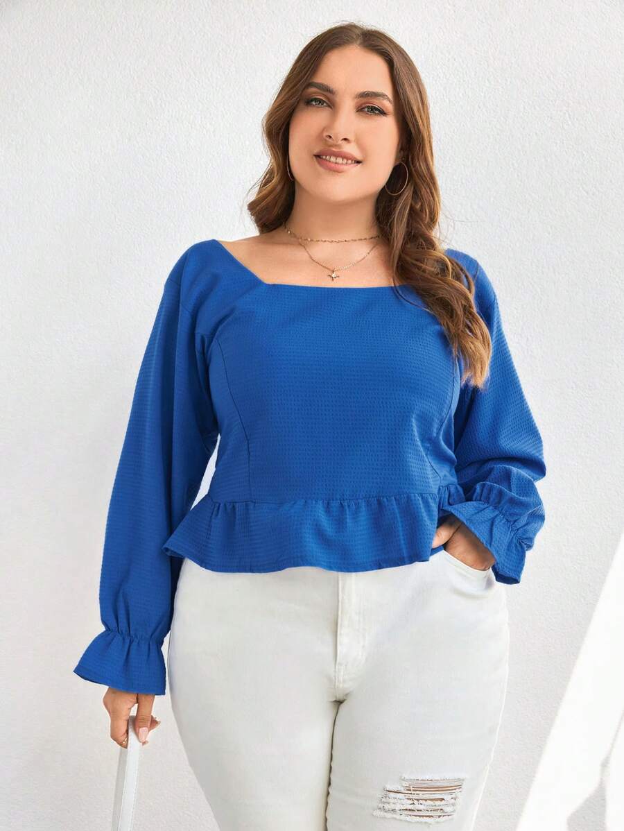 RueChic Plus Square Neck Flare Sleeve Peplum Blouse - Blue - View 1