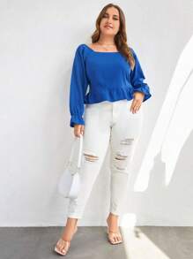 RueChic Plus Square Neck Flare Sleeve Peplum Blouse - Blue - View 4