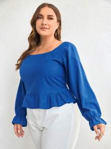 RueChic Plus Square Neck Flare Sleeve Peplum Blouse - Blue - View 5