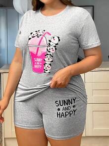 RueChic Plus Cartoon Graphic PJ Set - Grey - View 3