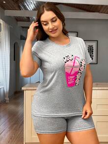 RueChic Plus Cartoon Graphic PJ Set - Grey - View 5