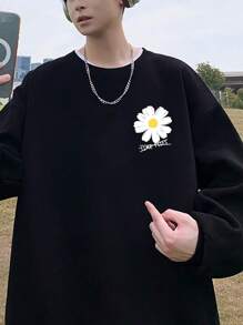 Manfinity Homme 男士宽松口号和花卉印花保暖内衬运动衫圆领黑色图案长袖休闲运动衫，适合朋友、丈夫、男朋友的礼物 - 黑色 - 查看 3