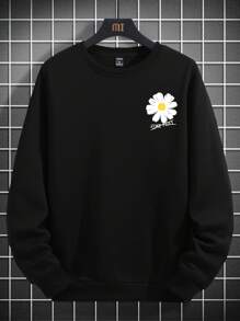 Manfinity Homme 男士宽松口号和花卉印花保暖内衬运动衫圆领黑色图案长袖休闲运动衫，适合朋友、丈夫、男朋友的礼物 - 黑色 - 查看 4