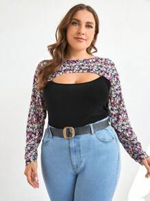 SHEIN Cottnline Plus Ditsy Floral Print Cut Out Front Tee - Multicolor - View 2