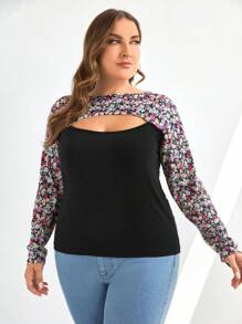 SHEIN Cottnline Plus Ditsy Floral Print Cut Out Front Tee - Multicolor - View 4
