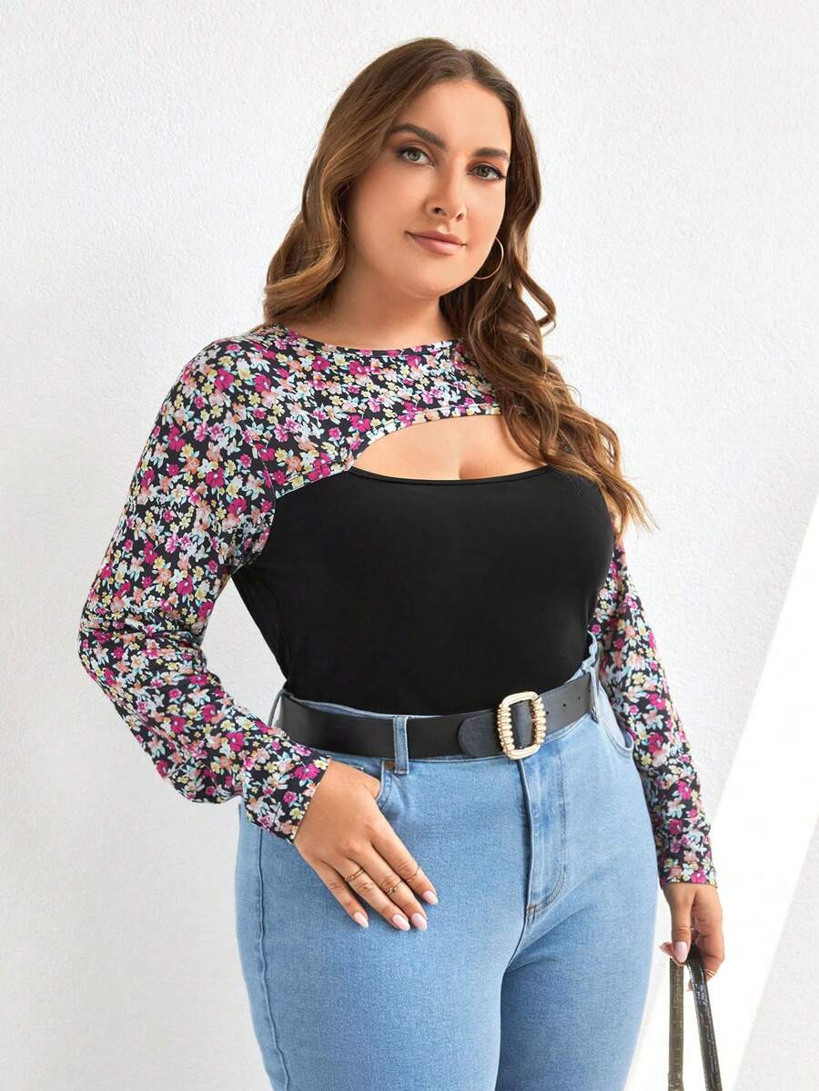 SHEIN Cottnline Plus Ditsy Floral Print Cut Out Front Tee - Multicolor - View 1