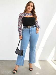 SHEIN Cottnline Plus Ditsy Floral Print Cut Out Front Tee - Multicolor - View 5