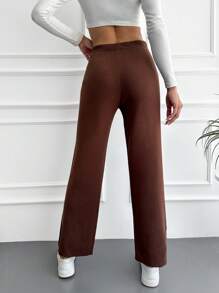 RueChic Solid Split Hem Knit Pants - Brown - View 2