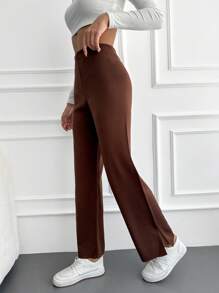 RueChic Solid Split Hem Knit Pants - Brown - View 3