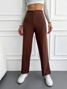 RueChic Solid Split Hem Knit Pants - Brown - View 4