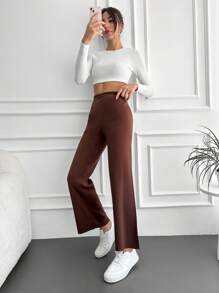RueChic Solid Split Hem Knit Pants - Brown - View 5