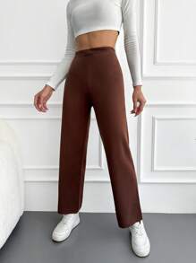 RueChic Solid Split Hem Knit Pants - Brown - View 6