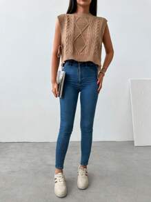 EURMUSE Solid Tie Side Cable Knit Sweater Vest - Brown - View 4