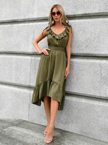 EURMUSE Damen einfarbiges minimalistisches ärmelloses Lässig Kleid - Armeegrün - Übersicht 1