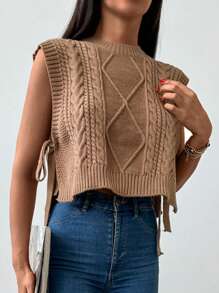 EURMUSE Solid Tie Side Cable Knit Sweater Vest - Brown - View 5